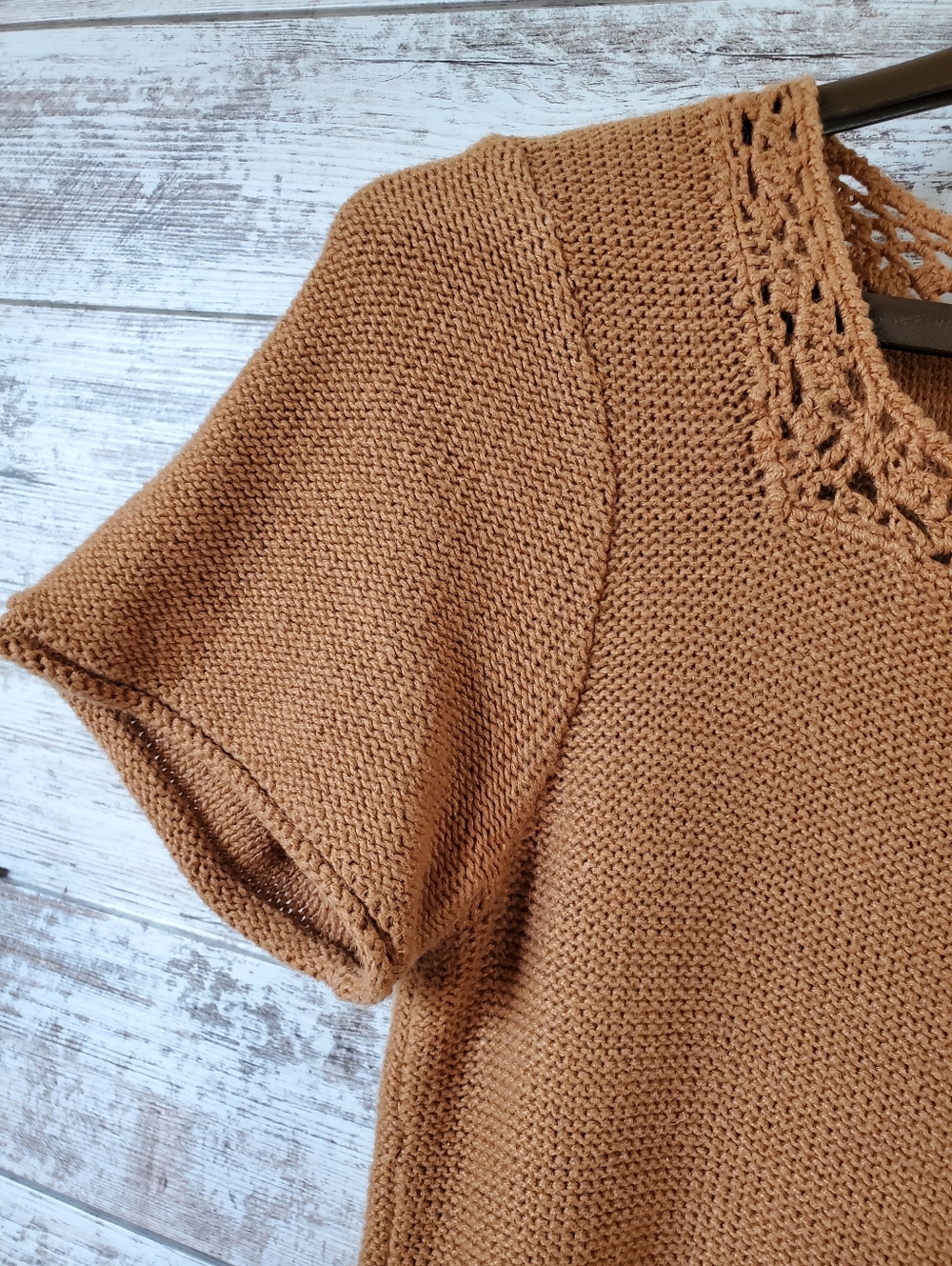 Guide Series Toffee Brown Knit Short Sleeve Top Crochet Neck - Picture 6 of 11